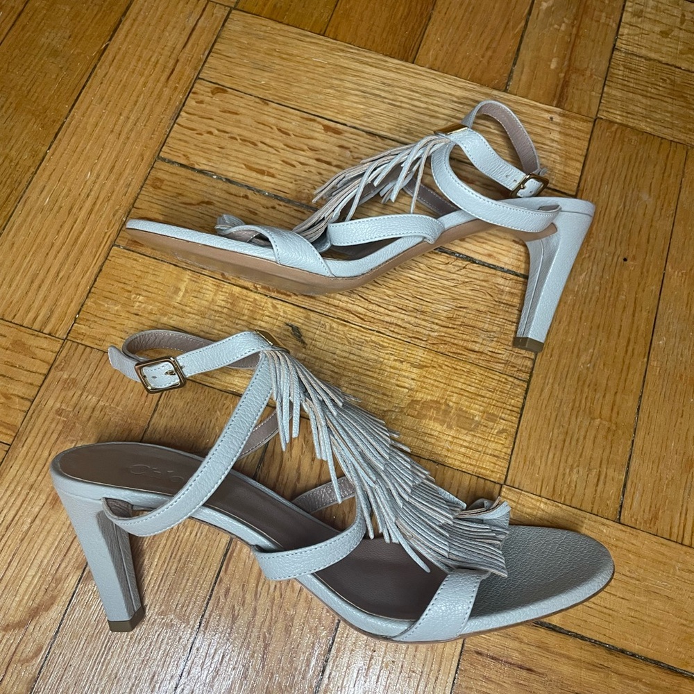 Chloe Gray Fringe Sandals with Gold Accents